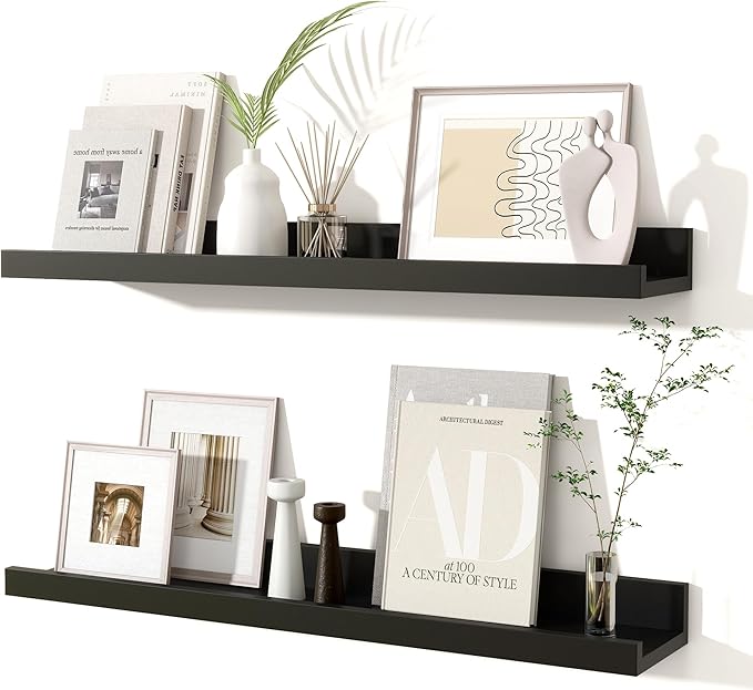 Fun Memories Picture Ledge Shelves Set of 2, 24 Inch Rustic Wall Mounted Floating Shelves with Lip for Home Storage and Décor in Bathroom, Kitchen, Nursery, Bedroom, Living Room, Black-Ruum Studio Home