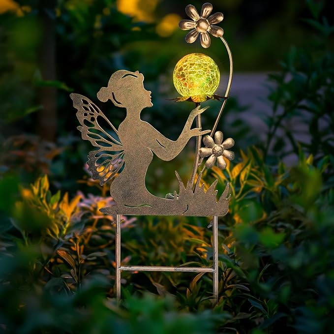 HONGLAND Solar Garden Lights Outdoor Decor, Fairy Figurine Moon Crackle Glass Lights Stake, Housewarming Ornament for Patio, Lawn, Yard, Pathway - Unique Gardening Gifts for Women Mom Grandma-Ruum Studio Home