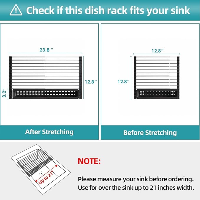 Roll Up Dish Drying Rack, Expandable (12.8"-23.8" D x 12.8" W) Stainless Steel Portable Over The Sink Dish Drainer for Kitchen Sink Counter, Foldable Sink Cover with Removable Utensil Holder-Ruum Studio Home