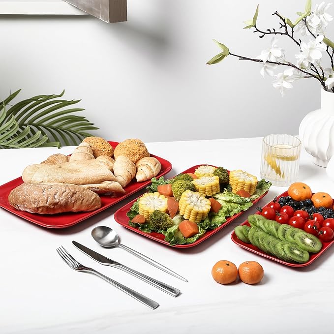 Vicrays Ceramic Rectangle Serving Platters - 14" 12" 10" Porcelain Serving Trays Plates for Party BBQ Appetizers Sushi Dessert - Microwave Oven and Dishwasher Safe - Set of 3 Red-Ruum Studio Home