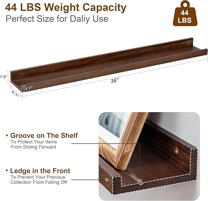 Floating Picture Ledge Shelves 36 Inch Solid Oak Wood Set of 2, Rustic Wall Storage Shelves with Lip, Kids Bookshelf, Photo & Picture Ledge Shelves for Bedroom, Living Room, Kitchen-Ruum Studio Home