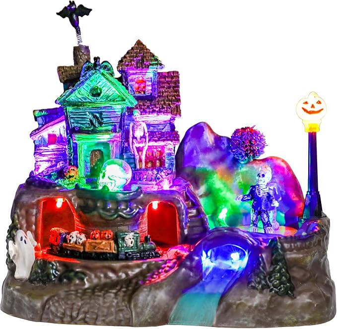 DREAM GARDEN Halloween Village Collection, Lighted Spooky Haunted House with Animated Train and Scary Sound Halloween Collectible Bulidings with Skull, Pumpkin, Ghost for Holiday Party Tabletop Decor-Ruum Studio Home