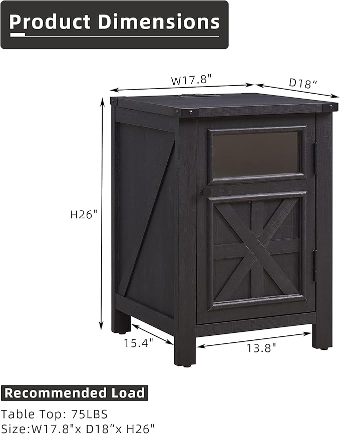 JXQTLINGMU Farmhouse End Table with Charging Station, 18'' Rustic Nightstand with Barn Door & Adjustable Shelf, Wooden Sofa Side Table with 3-Tier Storage for Living Room, Bedroom, Black-Ruum Studio Home