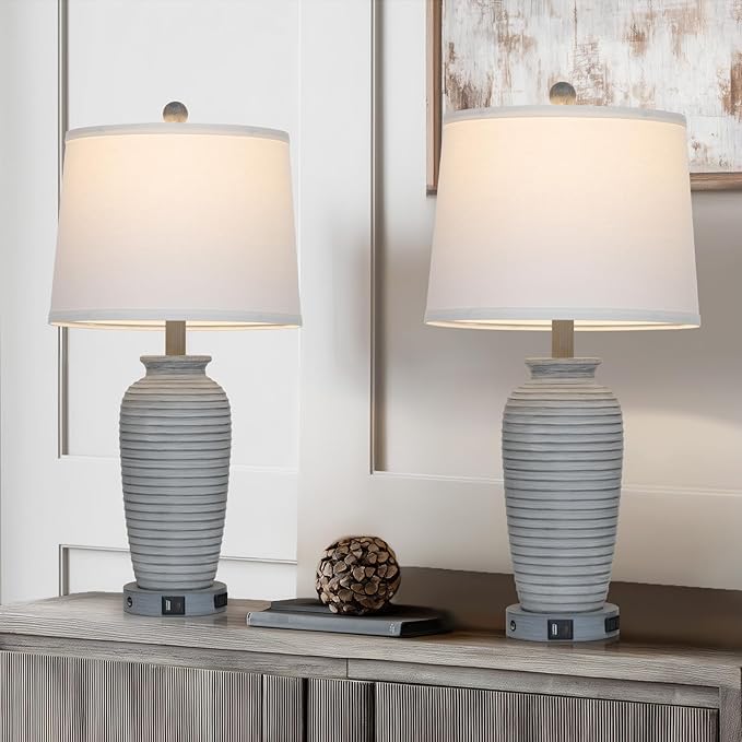 25" Farmhouse Jar Table Lamp Set of 2 Vintage Rustic Lamps for Living Room, Resin Bedside Nightstand Lamps with Linen Lampshades, Retro Pot Lamp for Living Room, Bedroom(LED Bulbs Included)-Ruum Studio Home