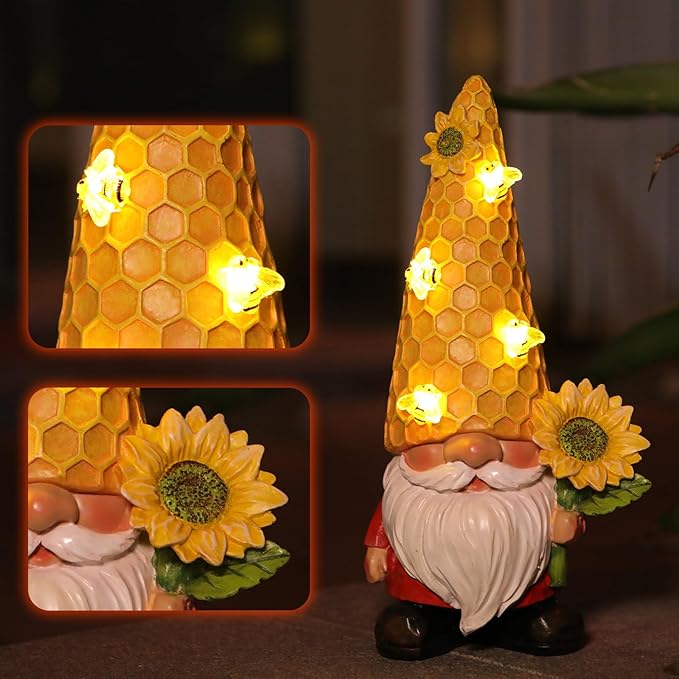 Solar Gnome Garden Decor Outdoor Statue - Gnome Sunflower LED Waterproof Sculptures Lights, Gnome Pond/Yard Statues Outside Decoration, Home, Lawn, Patio, Resin Animal Ornament, Women/Gardening Gift-Ruum Studio Home