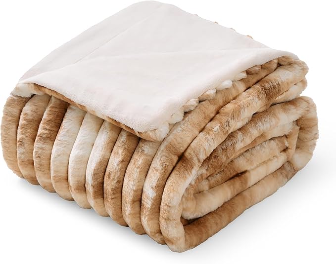 Amélie Home Faux Fur Throw Blanket for Couch, Cozy Fuzzy Fluffy Fur Luxurious Soft Striped Plush Gift Blankets for Family Sofa Chair Bed Living Room Bedroom, 55"x70", Tie-dye Khaki-Ruum Studio Home