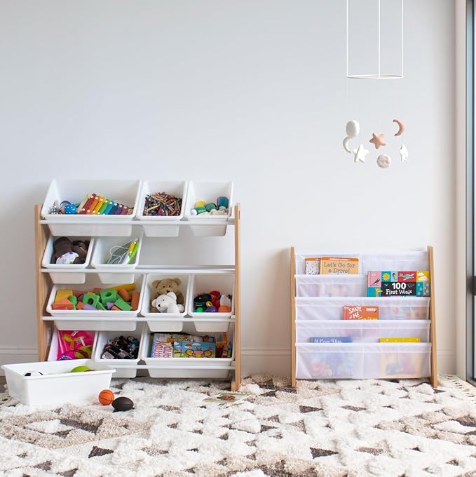 Humble Crew Kids Toy Storage Organizer with 12 Plastic Bins, Natural Wood/White – Removable Bins for Playroom, Bedroom, Toddler Furniture for Boys and Girls Ages-Ruum Studio Home