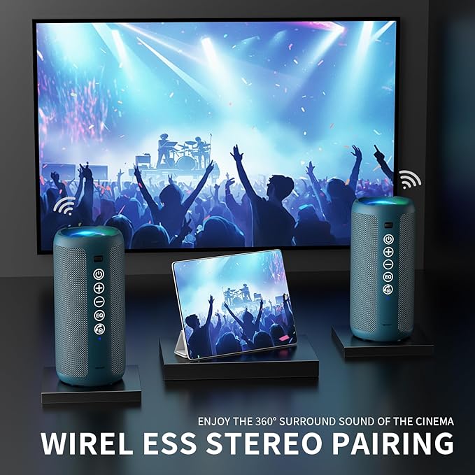 Ortizan Portable Bluetooth Speaker: IPX7 Waterproof, 24W Loud Sound, Deep Bass, Bluetooth 5.3, LED Lights, Wireless Stereo Pairing, 30H Playtime, for Home/Outdoor/Party/Beach, Birthday Gift (Blue)-Ruum Studio Home