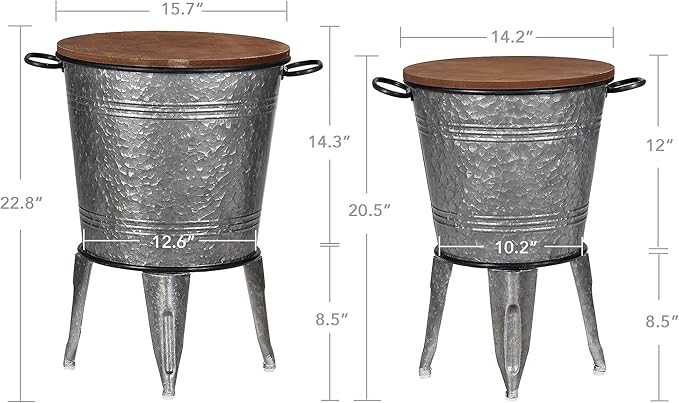 Rustee Rustic Storage Farmhouse Accent Side Table,Antique Galvanized Metal End Coffee Cocktail Table Box Bin with Round Wooden Lid Set of 2 (Galvanized),HC2009WT,One size-Ruum Studio Home