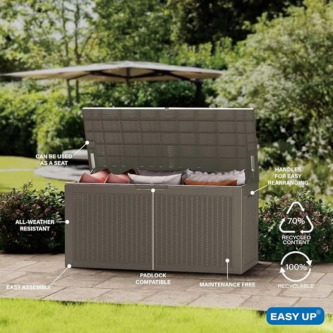 102 Gallon Outdoor Storage Box Waterproof, UV Resistant Resin Deck Box with Hydraulic Rod, Lockable Design and Enhanced Durability for Patio, Garden, and Poolside Use-Ruum Studio Home