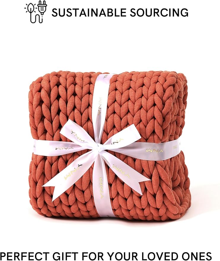YnM Chunky Throw Blanket, Medium-Weight, Hand Knitted, Skin Friendly, Ventilated and Breathable, Machine Washable, Home Décor Piece for Couch, Sofa and Bed (Exotic Orange, 40x50 Inch)-Ruum Studio Home