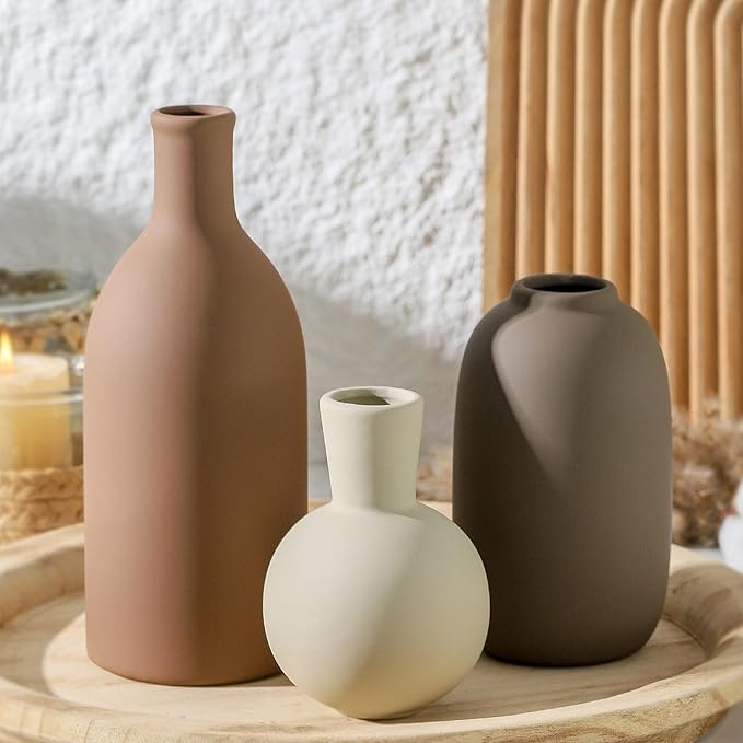 Ceramic Vases Set of 3, Modern Neutral Rustic Farmhouse Home Decor Pottery Pampas Decoration for Living Room, Table, Bathroom, Bedroom, Entryway - Brown-Ruum Studio Home