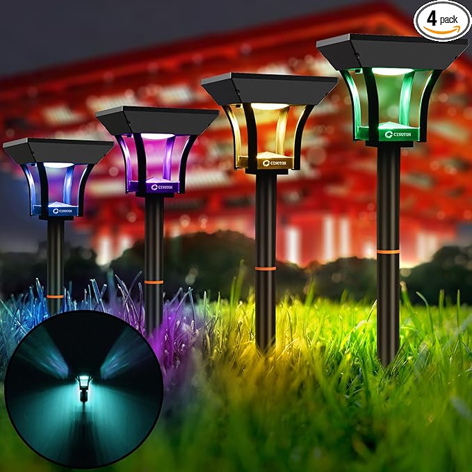 CINOTON RGBW Solar Landscape Pathway Outdoor Lights with 3 Lighting Modes, IP65 Waterproof LED Solar Powered Wall Lights for Garden Yard Lawn Path Driveway Pool Backyard Warm White & Multicolor 4 Pack-Ruum Studio Home
