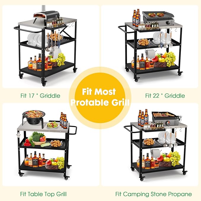 Outdoor Grill Cart Table,Indoor and Outdoor Pizza Oven Table,with 4 Movable Total Lock Casters, Hooks, Side Handle Multifunctional (Stainless Steel Table)-Ruum Studio Home