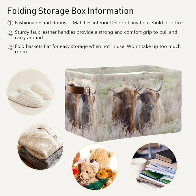 Highland Cows Storage Basket Cube Storage Bins Organizer Bag Collapsible Closet Shelf Baskets with handle for Baby Cloth Pet Toy Book 14.2×10.2×8.3 IN-Ruum Studio Home