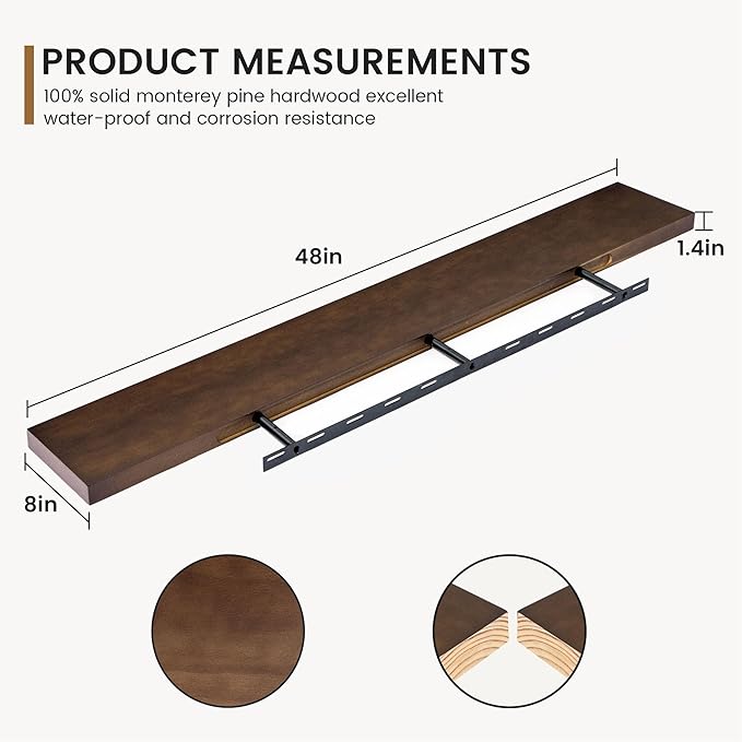 48 Inch Fireplace Mantel - 8 Inch Deep Rustic Premium Solid Pine Wood Floating Shelf - Farmhouse Wall Mounted Display Shelf - Heavy-Duty Metal Bracket - 48"W x 8"D - Set of 1 - American Walnut Color-Ruum Studio Home
