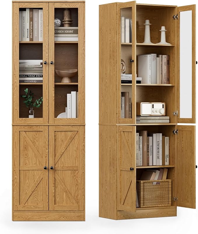 Bookcase with Doors, Tall Cabinets Storage Shelves, 5 Tier Bookshelf with Storage Cabinet, Light Wood Rustic Display Shelf Home Decor Furniture for Office, Living Room, Bedroom, Kitchen, Dining Room-Ruum Studio Home