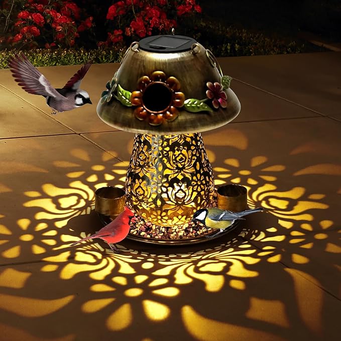 Mushroom Solar Bird Feeders for Outdoors Hanging Metal Wild Bird Feeder Garden Lantern with S Hook for Garden Decoration Brown-Ruum Studio Home