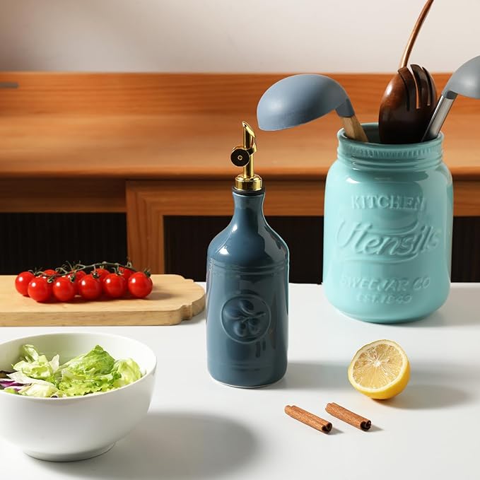 Sweejar 16 Oz Ceramic Olive Oil Dispenser Bottle, Oil Dispenser for Kitchen with Gravity Spout, Relief Opaque Oil Container for Evoo, Avocado Oil, Vinegar, Soy Sauce, 1 Pack(Fog Blue, Gold Spout)-Ruum Studio Home