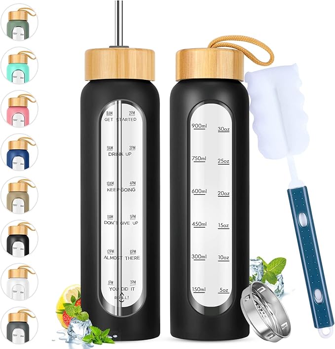 32 oz Glass Water Bottle with Straw - Motivational Time Marker & Silicone Sleeve - Reusable Tumbler Includes 2 Bamboo Lids & Fruit Infuser - 1 Pack-Ruum Studio Home