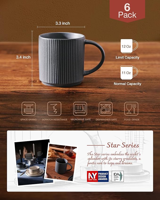famiware Coffee Mug Set for 6, Star 12 oz Catering Mugs Cup Set with Handle for Coffee, Tea, Cocoa, Milk - Ceramic Stoneware Drinkware Set, Matte Dark Charcoal-Ruum Studio Home