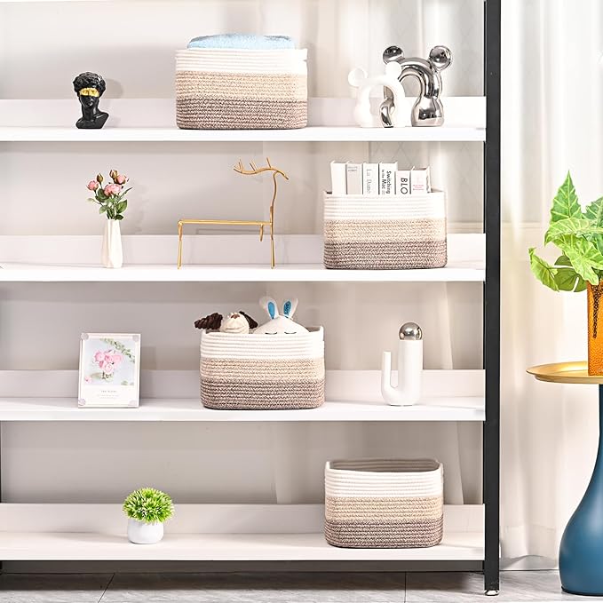 Shelf Baskets for Organizing, Storage Baskets for Shelves, Woven Baskets for Storage, Cotton Rope Baskets with Handles for Toy, Book, Clothes, 12.5"Lx9.1W"x7.9H", (4 Packs) Gradient Brown-Ruum Studio Home