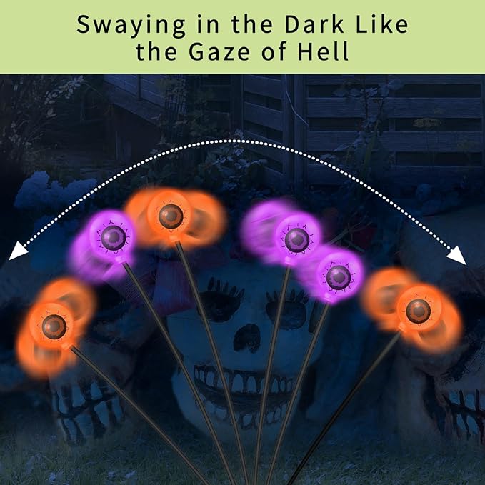 VOTTGO Halloween Solar Lights Outdoor, 8 Pack 48LED Scary Solar Eyeball Pathway Lights, 2 Modes Waterproof Swaying Solar Firefly Lights for Garden Yard Pathway Halloween Decorations, Purple + Orange-Ruum Studio Home