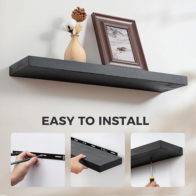 Fun Memories Handcrafted European Pine Floating Shelves - Natural Rustic Wooden Wall Shelf Set of 2-24 Inch Storage Shelf Display Shelf for Kitchen Bathroom Living Room Bedroom Farmhouse - Black-Ruum Studio Home
