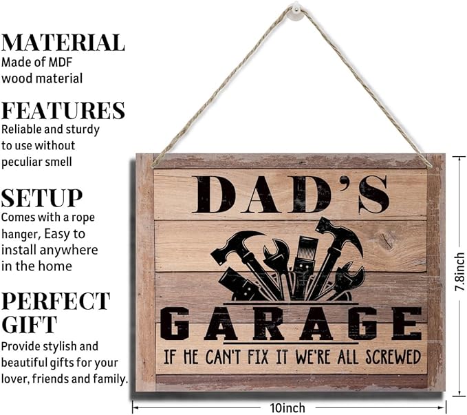 Rustic Sign, Father's Day Gift, Dad's Gift, Grandpa's Gift, Decor Hanging Wood Signs, Printed Wood Wall Art Sign, Dad's Garage, If He Can't Fix It We're All Screwed, Vintage Sign Gift for Grandpa-Ruum Studio Home