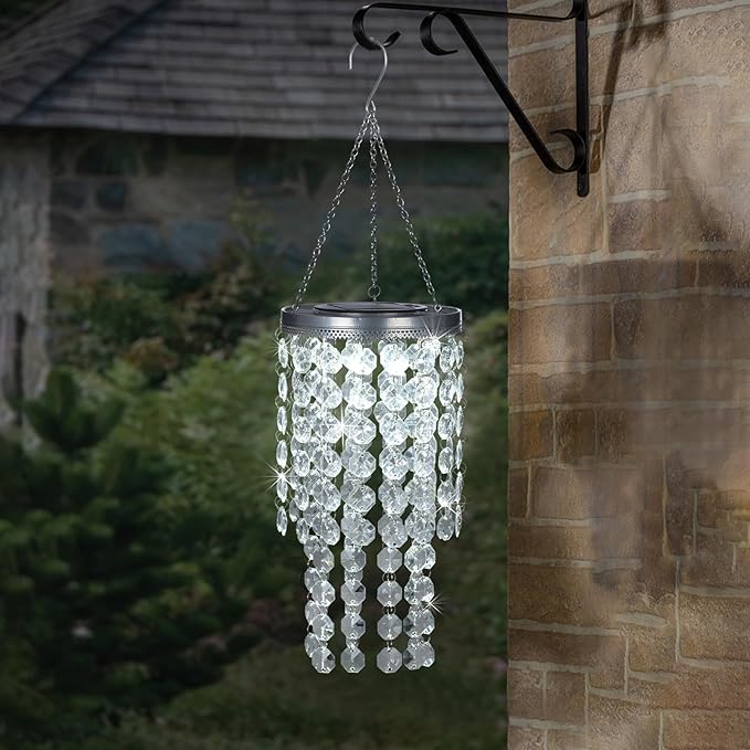Hanging Solar Lantern Outdoor, 2 Tiers 21” Solar Transparent Acrylic Beaded Chandelier with Cool White LED S Hooks for Garden Yard Patio Gazebo Outside Decor-Ruum Studio Home