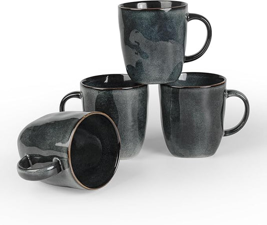 famiware Coffee Mugs Set of 4, Ocean Square 13oz Coffee Cup Set with Handle for Cocoa, Milk, Hot Chocolate, Stoneware Cups for Kitchen, Reactive Glaze, Microwave and Dishwasher Safe, Deep Forest-Ruum Studio Home