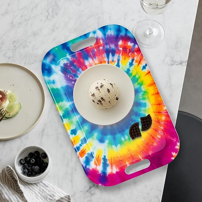 Serving Trays with Handles, 14.5 x 9.8 inch Rectangular Plastic Tray for Restaurant, Kitchen, Tie-Dye Colorful Spiral Patterns-Ruum Studio Home