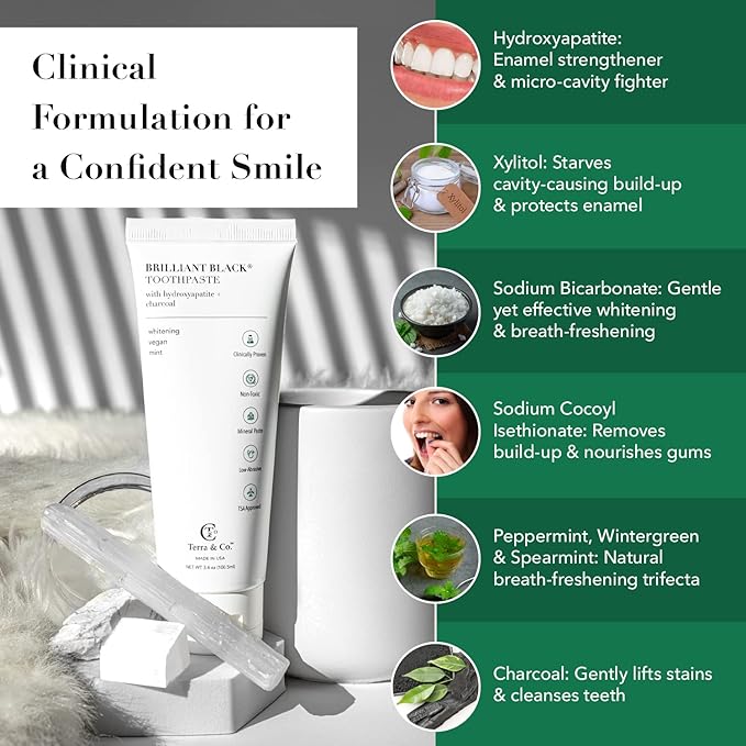 Terra & Co. Brilliant Black Hydroxyapatite Toothpaste for Whitening Teeth – USA-Made - Natural Remineralizing Toothpaste, Fluoride-Free, Vegan, SLS-Free, Low Abrasion – Mint, 3.4 oz-Ruum Studio Home