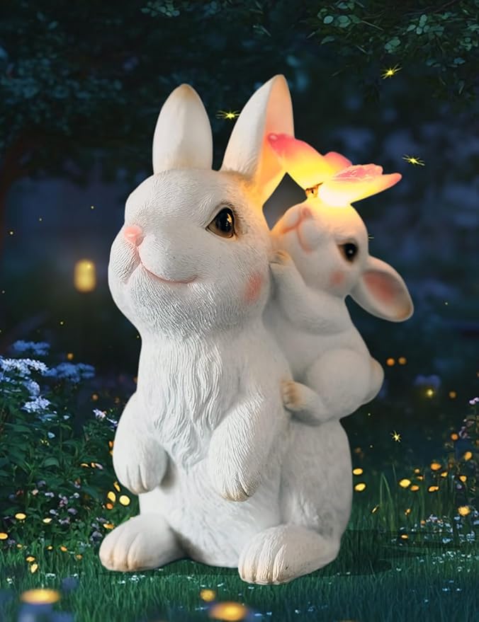 Solar Garden Statues Rabbit with Solar Lights,Mother&Baby Bunny Figurine with Butterfly Changing Lights for Yard Art Garden&Patio Decor,Unique Easter&Birthday Gifts for Women Mom Grandma-Ruum Studio Home