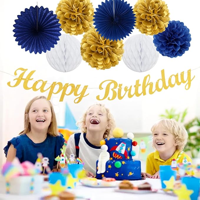 Navy-Blue Gold Birthday Party-Decorations Paper-Flowers - 14pcs Happy Banner Royal Lanterns Tissue Pom Poms,Men Streamers Garland Fans Honeycomb,Teen Boys Male Kids Hanging Supplies Decor Hugfond-Ruum Studio Home