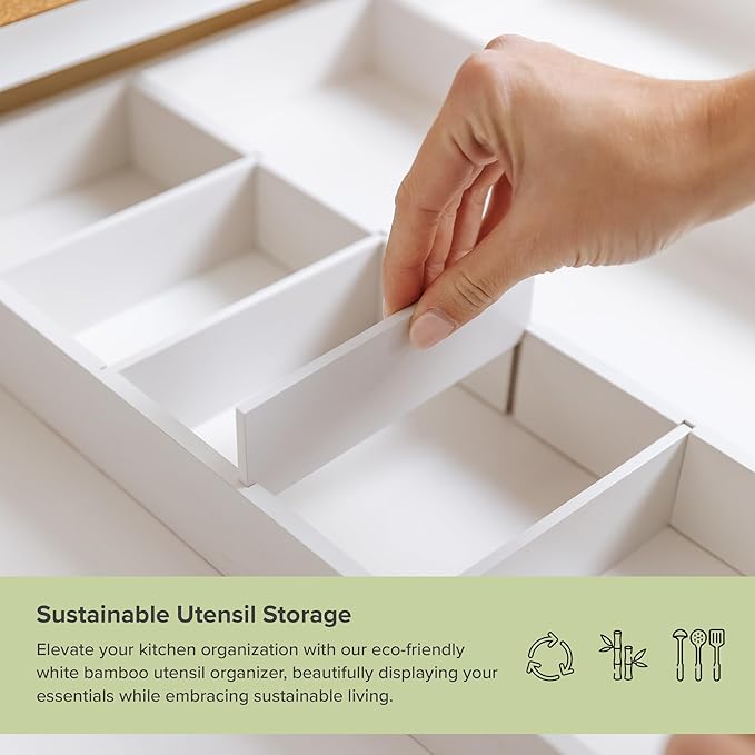 Adjustable Kitchen Drawer Organizer for Utensils and Junk, Food-Safe Contract Grade with 100% Sustainable Wood, Expandable from 19 to 33 Inches Wide - White Bamboo-Ruum Studio Home