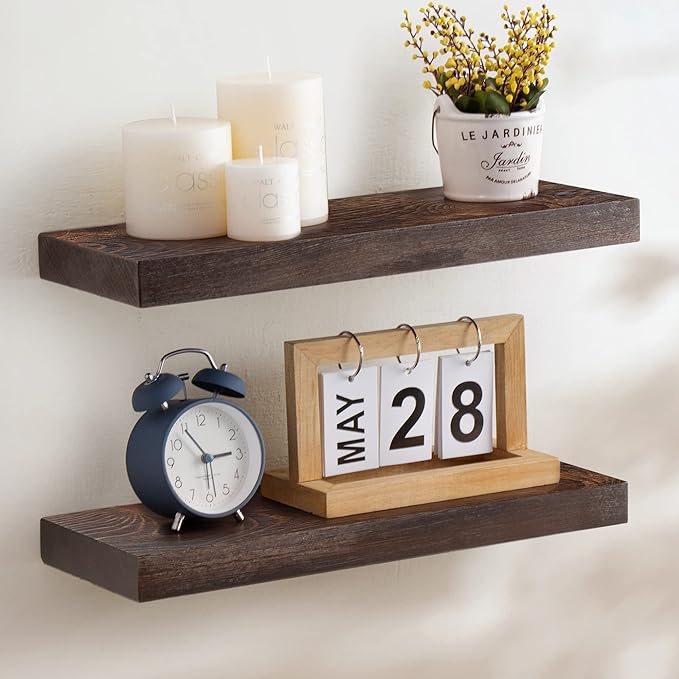 Fun Memories Handcrafted European Pine Floating Shelves Wall Mounted Set of 2 - Natural Rustic Wooden Wall Shelf - Storage Shelf for Living Room Farmhouse - Dark Walnut - 16Inch-Ruum Studio Home