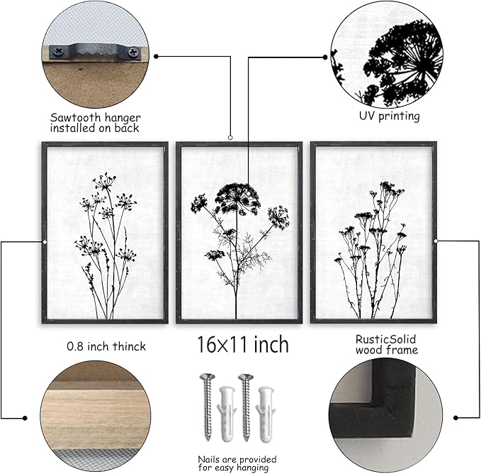 Flower Plant Wall Art Decor 16"x11" Set of 3 Black And White Botanical Painting Wood Framed For Minimalist Bedroom Office Rustic Living Room Abstract Wildflower Sign Hanging (Black)-Ruum Studio Home