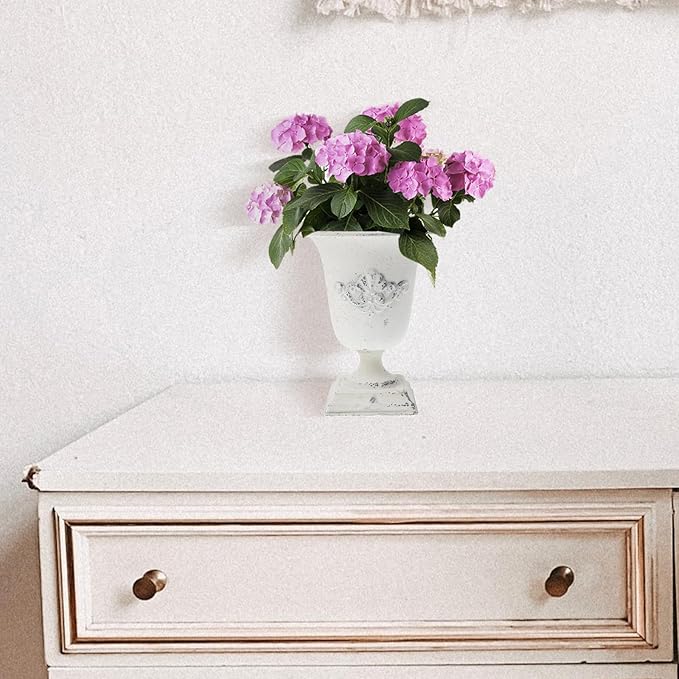 POPETPOP Tall Urn Vase Retro White Metal Urn Planter Pedestal Flower Pot Rustic Farmhouse Flower Holder for French Country Style Home Table Centerpiece Decor，5.9x5.9x7.47 inches-Ruum Studio Home