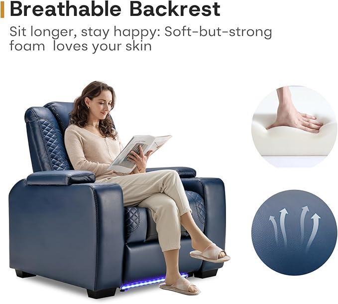 ANJ Power Home Theater Seating Set of 2, Blue Faux Leather Electric Recliner Chair with Powered Headrest, Dual Motors Movie Reclining Chairs with LED Lights,USB Port,Cup Holders, Hidden Arm Storage-Ruum Studio Home