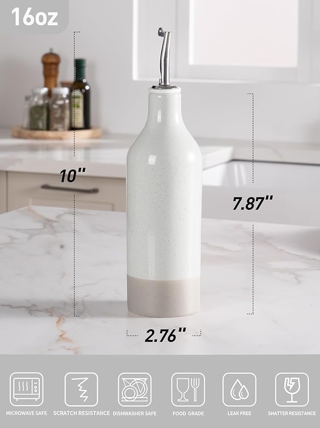 famiware Milkyway 16oz Ceramic Olive Oil Dispenser Bottle, 1 Piece Oil Dispenser for Kitchen with Stainless Steel Pourers, Suitable for Storage Vinegar, Soy Sauce, Coffee Syrup, Liquids, White-Ruum Studio Home