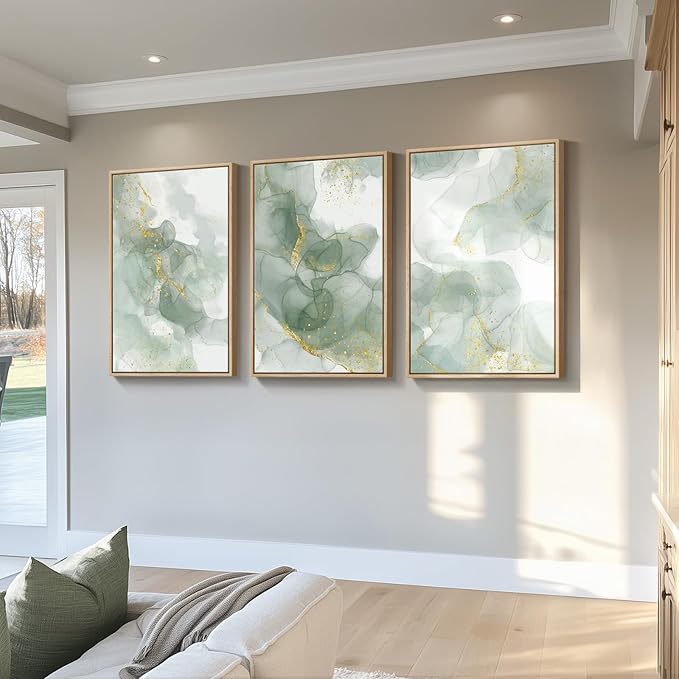 Large Framed Sage Green Abstract Wall Art for Living Room, 3 Piece Green and Gold Canvas Prints Paintings Artwork for Walls, Modern Minimalist Pictures for Hallway Stair Office Wall Decor 24x36 In-Ruum Studio Home