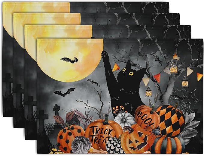 Black Cat Halloween Placemats Set of 4 Spooky Pumpkin Boo Bat Moon Horror Place Mats 12x18 Inch Seasonal Washable Linen Table Mat for Party Kitchen Dining Outdoor Indoor Decor-Ruum Studio Home