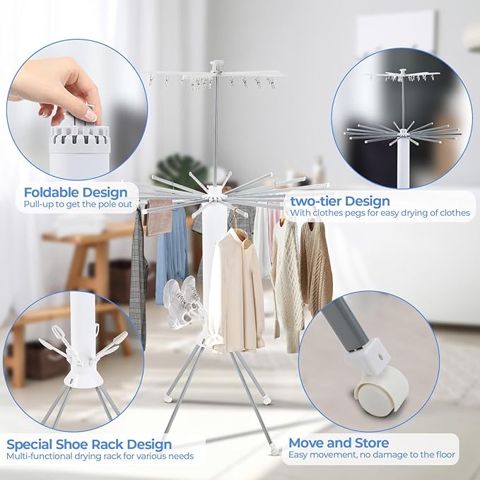 3 Tier Portable Clothes Drying Rackwith 4 Pulleys,Indoor and Outdoor Collapsible Rack Clothing with Shoe Drying Rack for Space Saving-Ruum Studio Home
