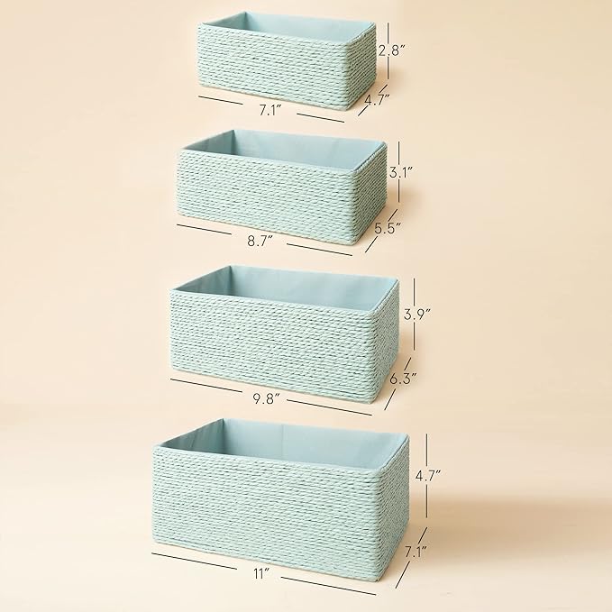 LA JOLIE MUSE Storage Baskets Set 4 - Stackable Woven Basket Paper Rope Bin, Storage Boxes for Makeup Closet Bathroom Bedroom (Light Green)-Ruum Studio Home