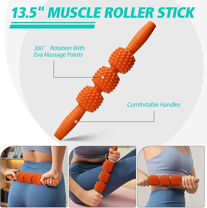 5-in-1 Foam Roller Set, Massage Roller Stick, Massage Ball, Resistance Band for Deep Muscle Massage, Trigger Point Release, Pilates, Yoga (Orange-Wave)-Ruum Studio Home