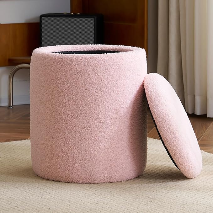 YFO Round Ottoman with Removable Lid Upholstered, Multifunctional Vanity Chairs for Makeup, Soft Footrest Stool Ottoman Foot Stool for Living Room, Bedroom, Boucle, Pink-Ruum Studio Home