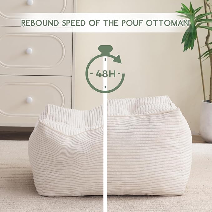 HIGOGOGO Square Stuffed Pouf Ottoman, Corduroy Poufs with Foam Chunk Filling, Furry and Fluffy Pouf Foot Stool Storage Ottoman, 25.6 X 25.6 Floor Poufs Foot Rest for Living Room, Beige-Ruum Studio Home
