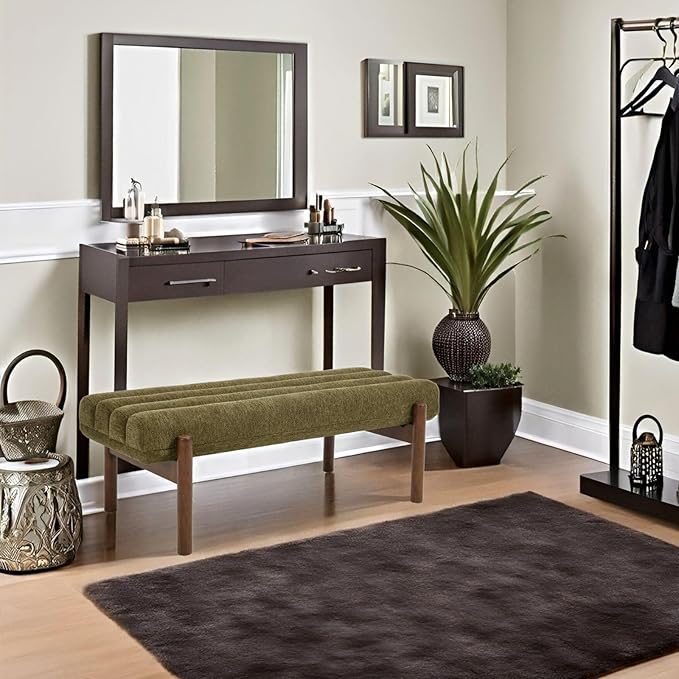 Green Upholstered Bench Modern End of Bed Bench Chenille Fabric Bedroom Bench for Entryway Living Room Vanity Makeup Room, 47" Long, Wooden Legs-Ruum Studio Home