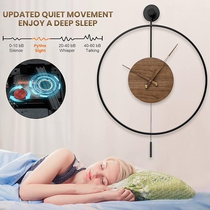 Large Modern Wall Clock,Wall Clocks for Living Room Decor,Classical Silent Metal Minimalist Walnut Dial,Big Decorative Farmhouse Pendulum Wall Clock With Walnut Pointers for Office,Dining Room-Ruum Studio Home